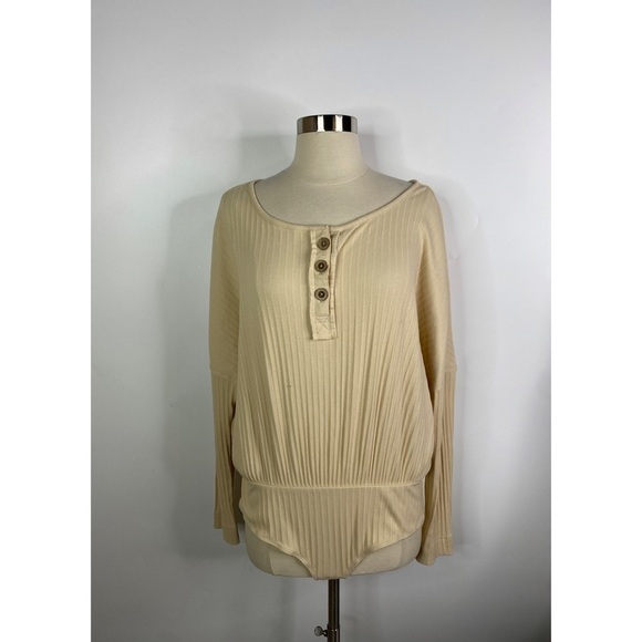 Chelsea & Violet Ribbed Natural Long Sleeve Bodysuit - Picture 1 of 11